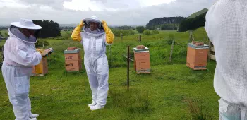 Marie in a bee suit holding in front of some active hives